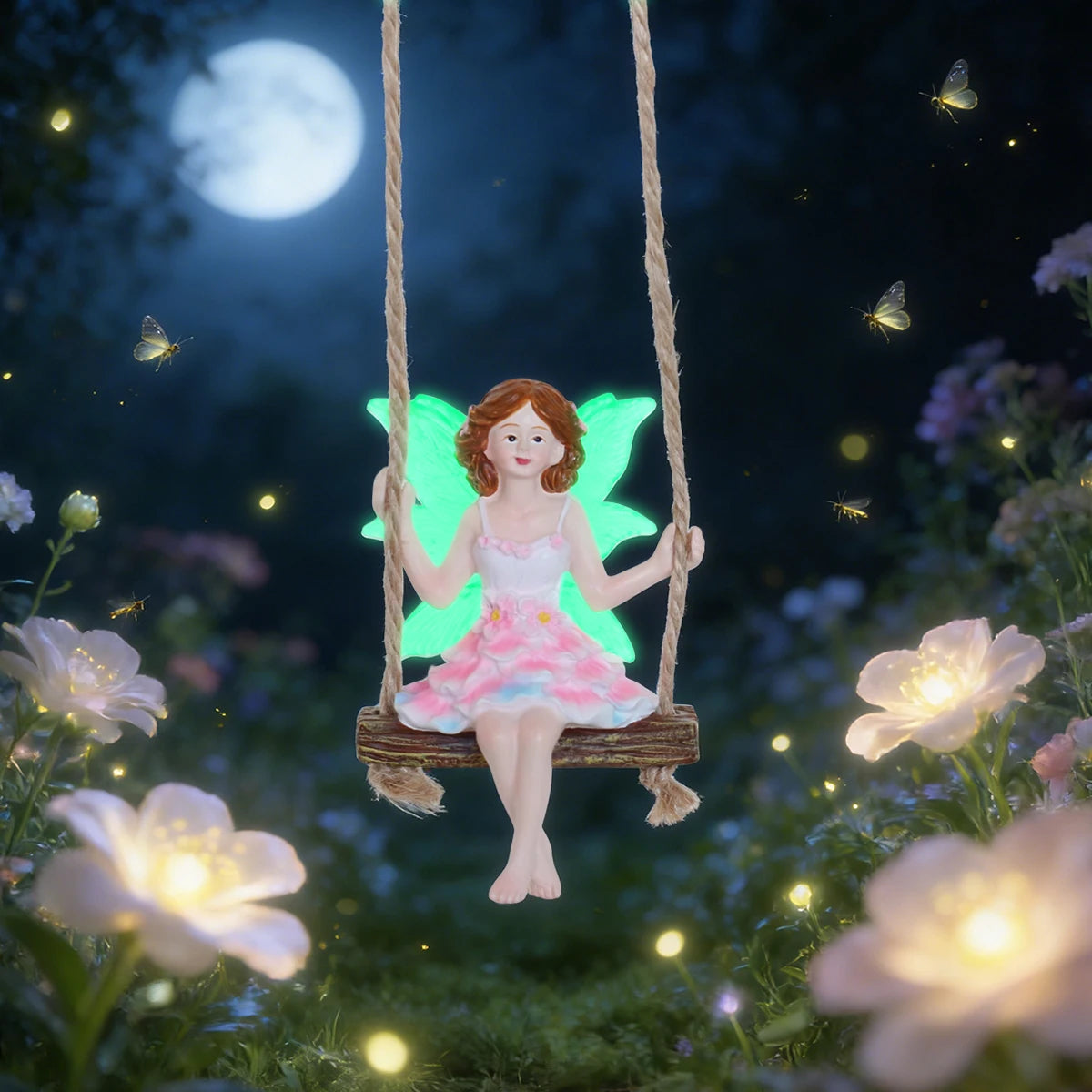 Pink Dress Swinging Fairy Statue Glow in the Dark Wings Hanging Garden Ornament