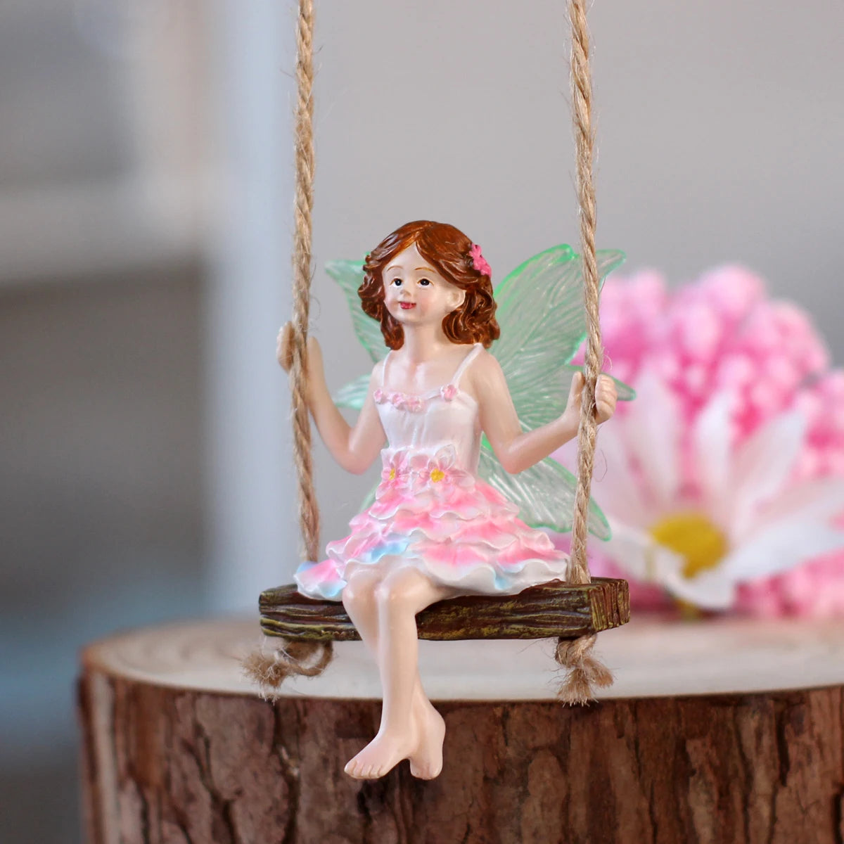 Pink Dress Swinging Fairy Statue Glow in the Dark Wings Hanging Garden Ornament