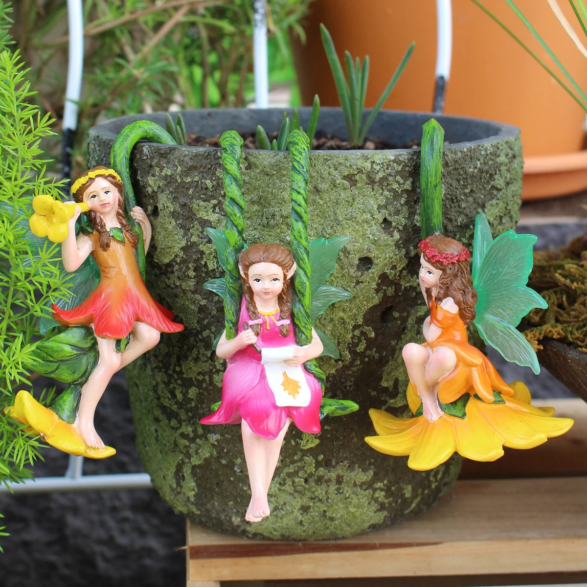 3pcs Tree Vine Flower Fairy Pot Huggers Resin Hanging Dwarf Garden Decoration