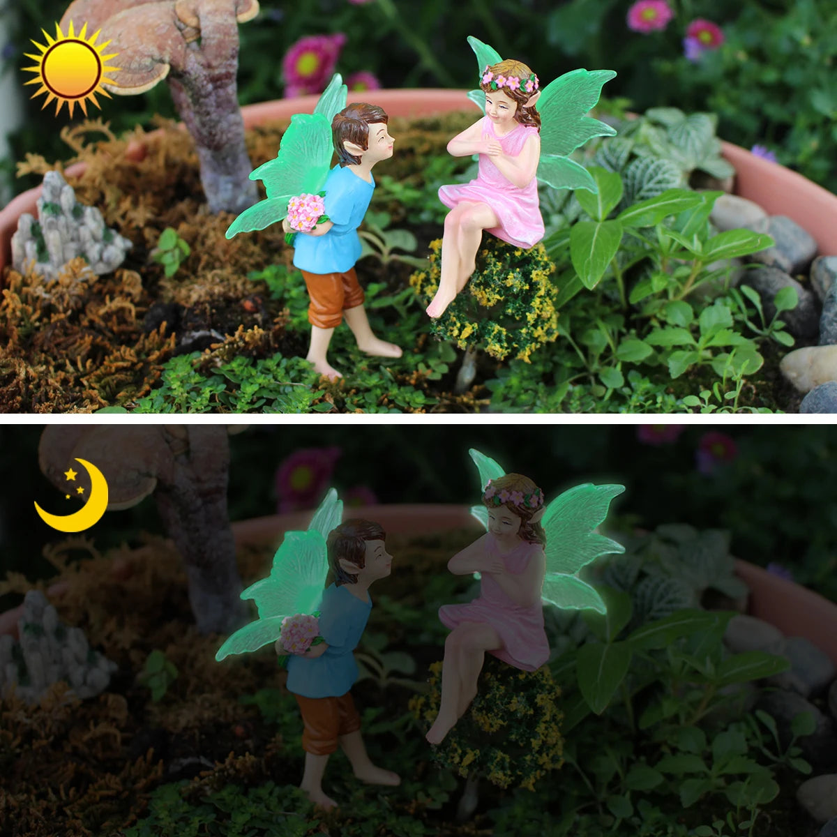 2pcs Glowing Fairy Couple Figurine Glow in the Dark Wing Garden Stake Ornament