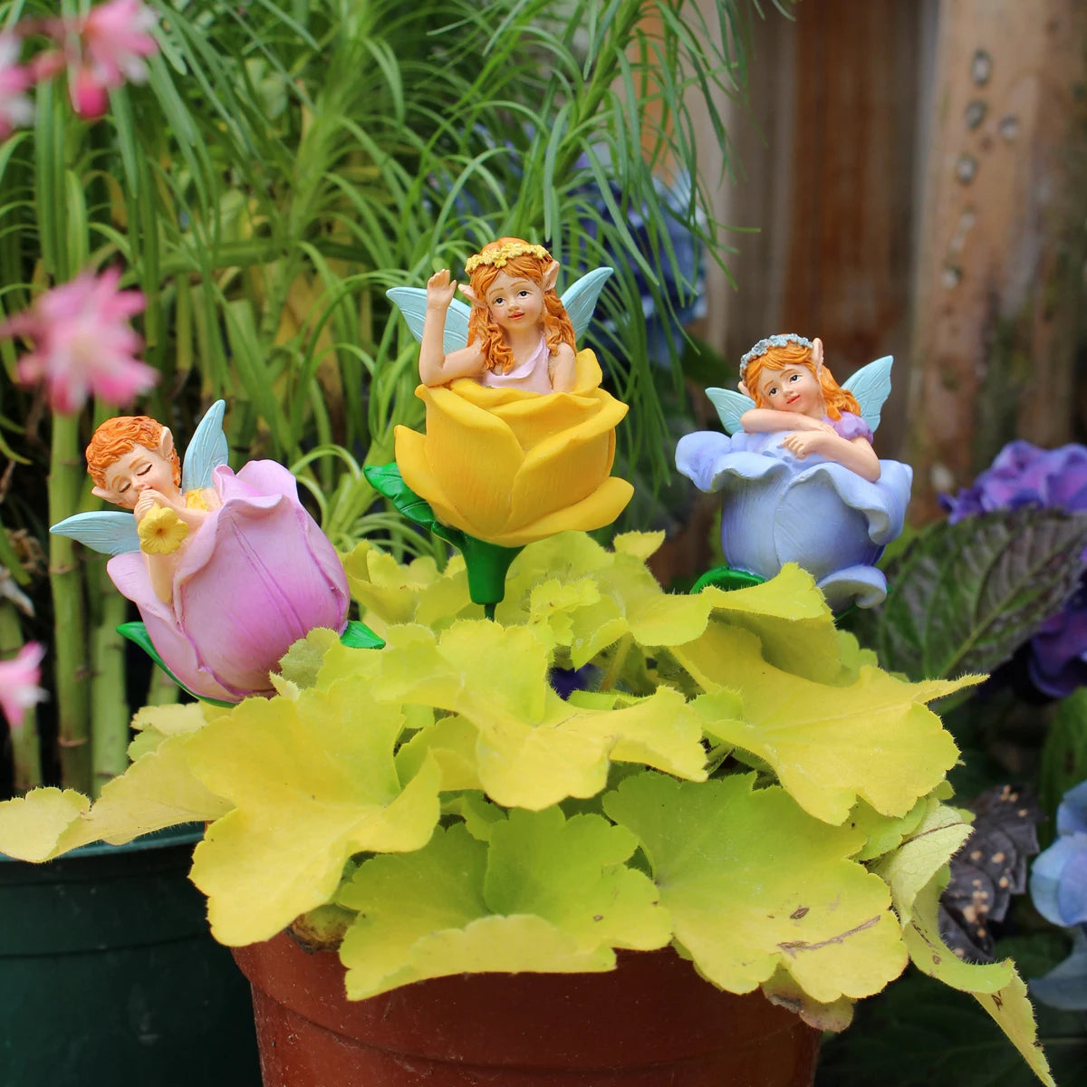3pcs Flower Fairy Garden Stakes Resin Figurine Pot Hugger Plant Pick Decor Set