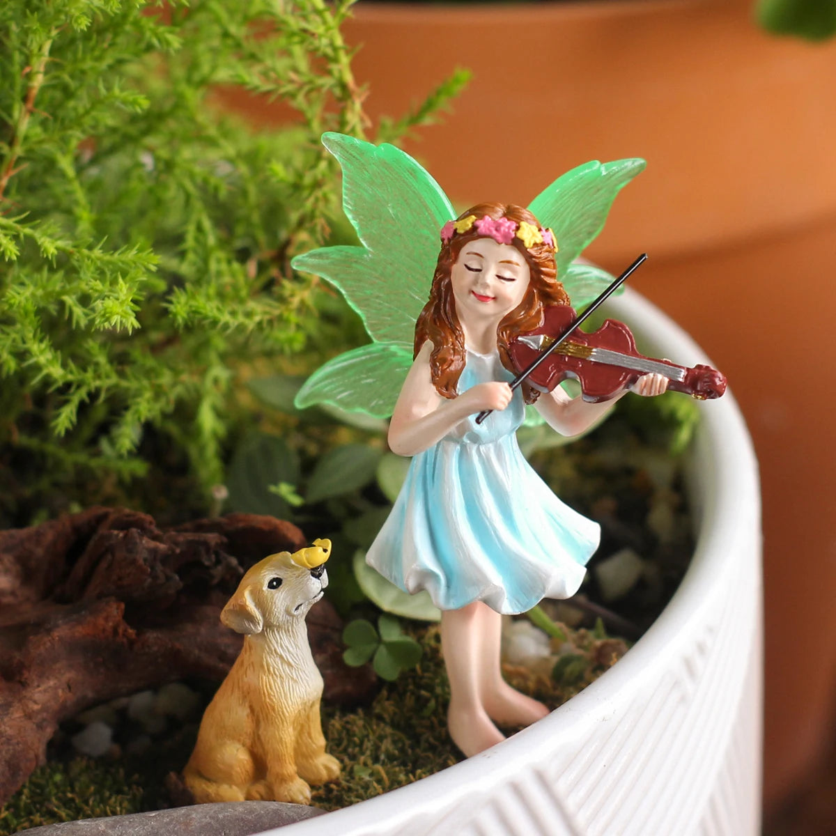 2pcs Violin Fairy & Dog Garden Stakes Glow in the Dark Wings Resin Plant Picks