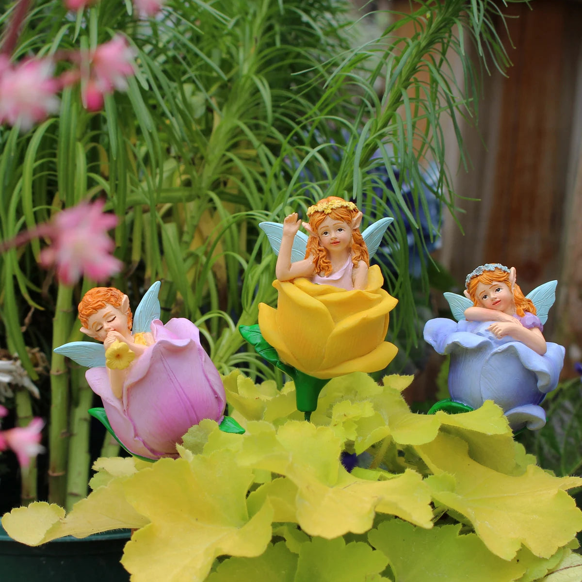 3pcs Flower Fairy Garden Stakes Resin Figurine Pot Hugger Plant Pick Decor Set