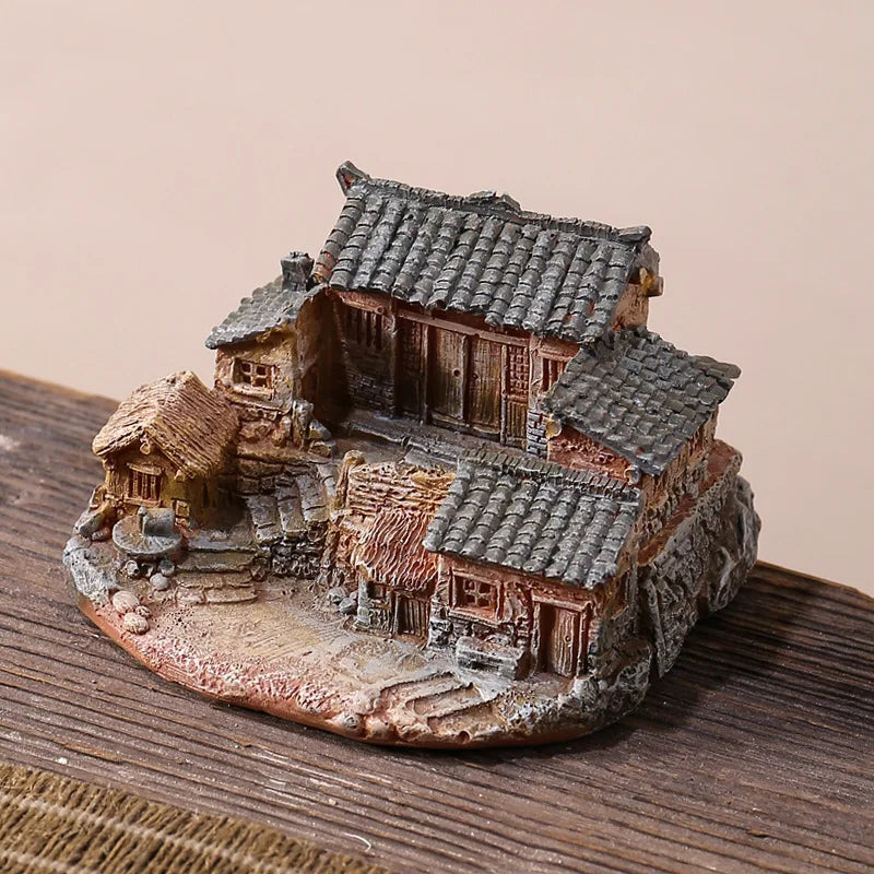 Miniature Chinese Style House Resin Figurine Zen Garden Decor for Bonsai Plants