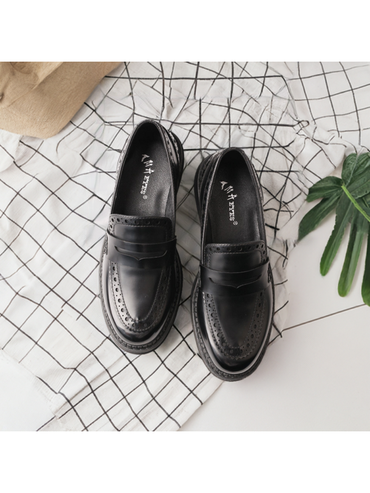 TMA EYES Leather Platform Loafers | Chunky Round Toe Slip-On British Style