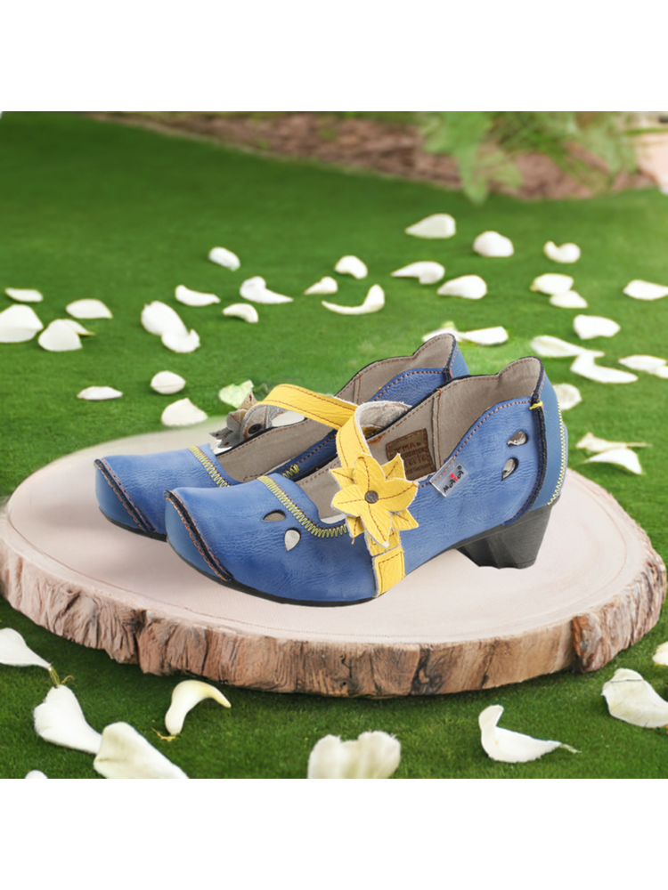 TMA EYES MAiA Leather Shoes  Hollow Curled Toe Flower Elastic Low Heel