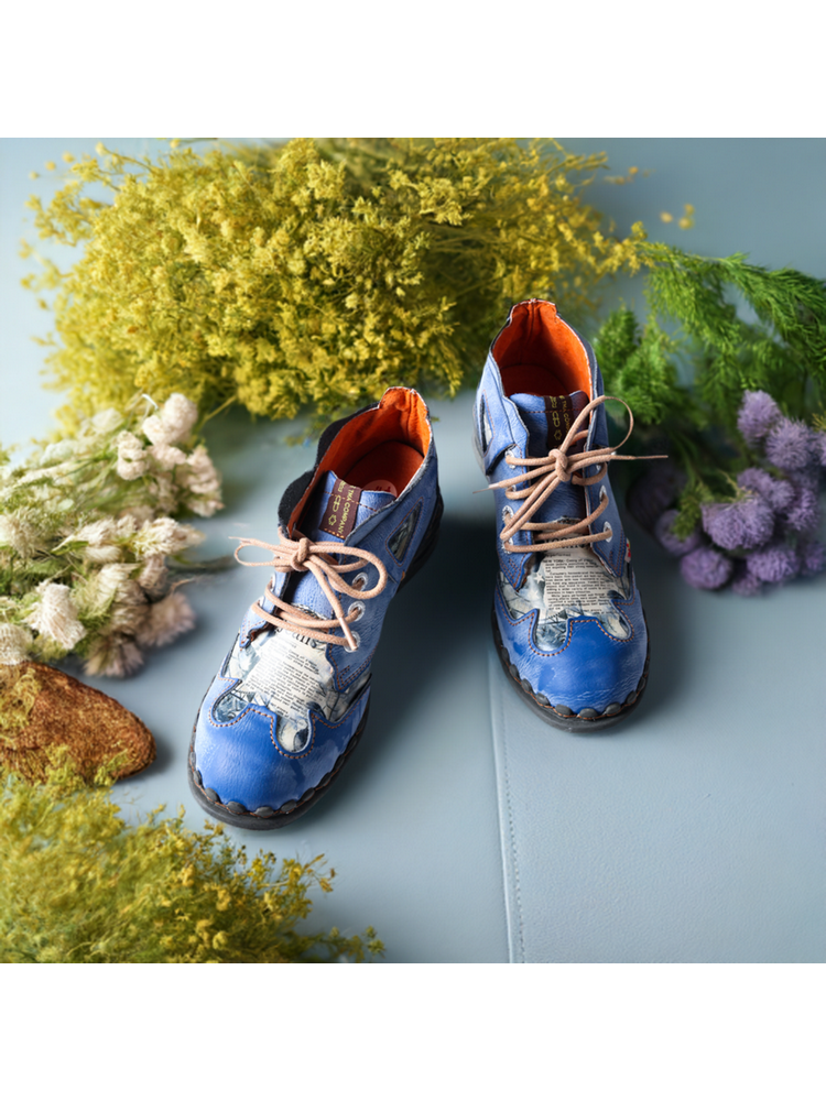 TMA EYES Floral Print Ankle Boots  Medium Heel Leather Outdoor Women's Shoe