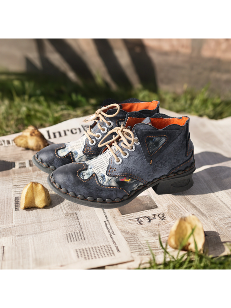 TMA EYES Floral Print Ankle Boots  Medium Heel Leather Outdoor Women's Shoe