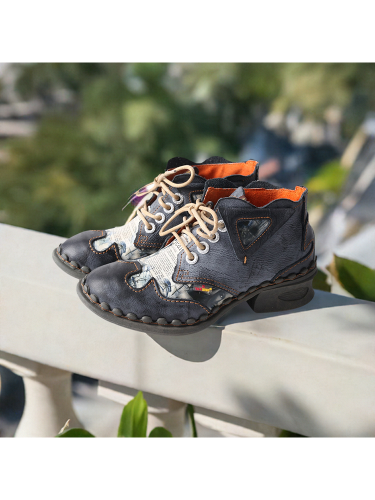 TMA EYES Floral Print Ankle Boots  Medium Heel Leather Outdoor Women's Shoe