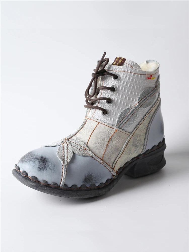 TMA EYES Patchwork Leather Ankle Boots  Washed, Textured, Lace-Up Women's