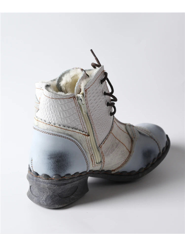 TMA EYES Patchwork Leather Ankle Boots  Washed, Textured, Lace-Up Women's