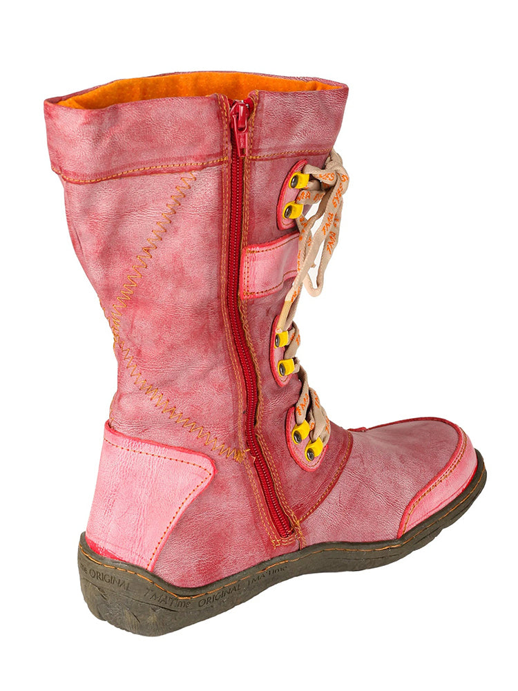 TMA EYES Patchwork Mid-Calf Boots  Stitch-Detail PU Leather Women's Shoe