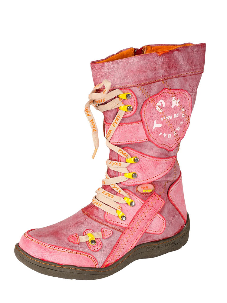 TMA EYES Patchwork Mid-Calf Boots  Stitch-Detail PU Leather Women's Shoe