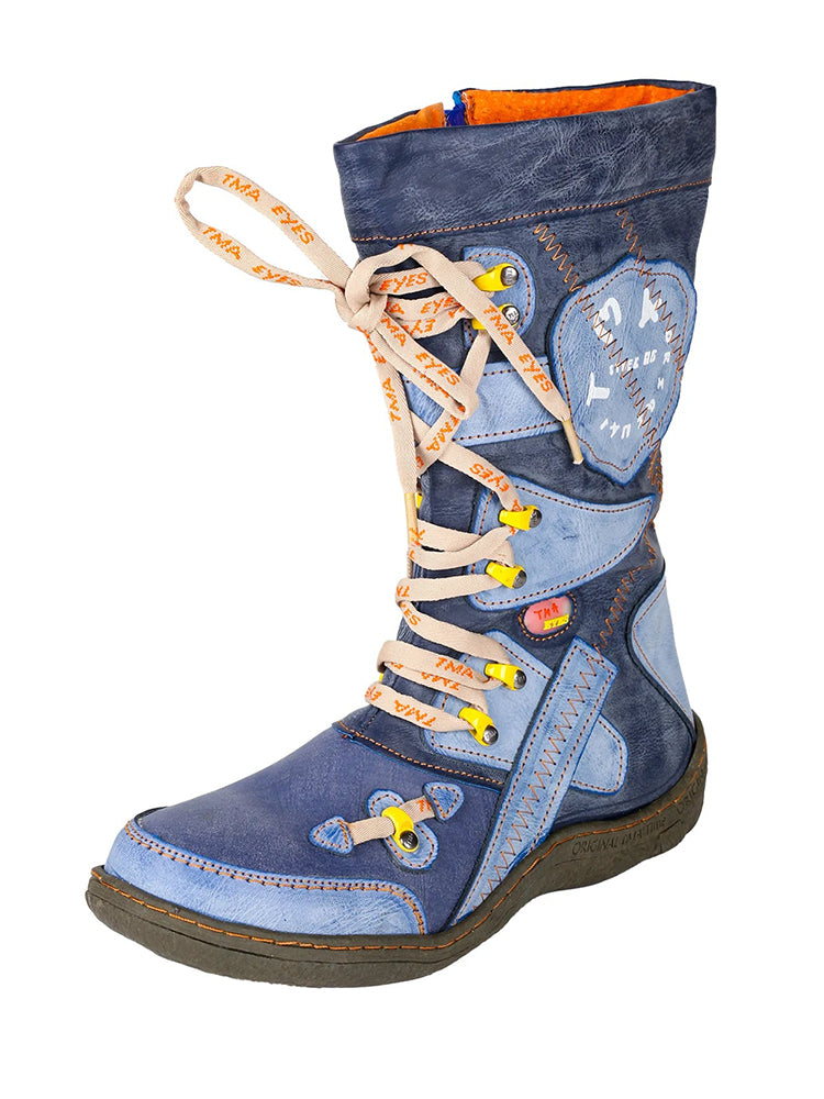 TMA EYES Patchwork Mid-Calf Boots  Stitch-Detail PU Leather Women's Shoe