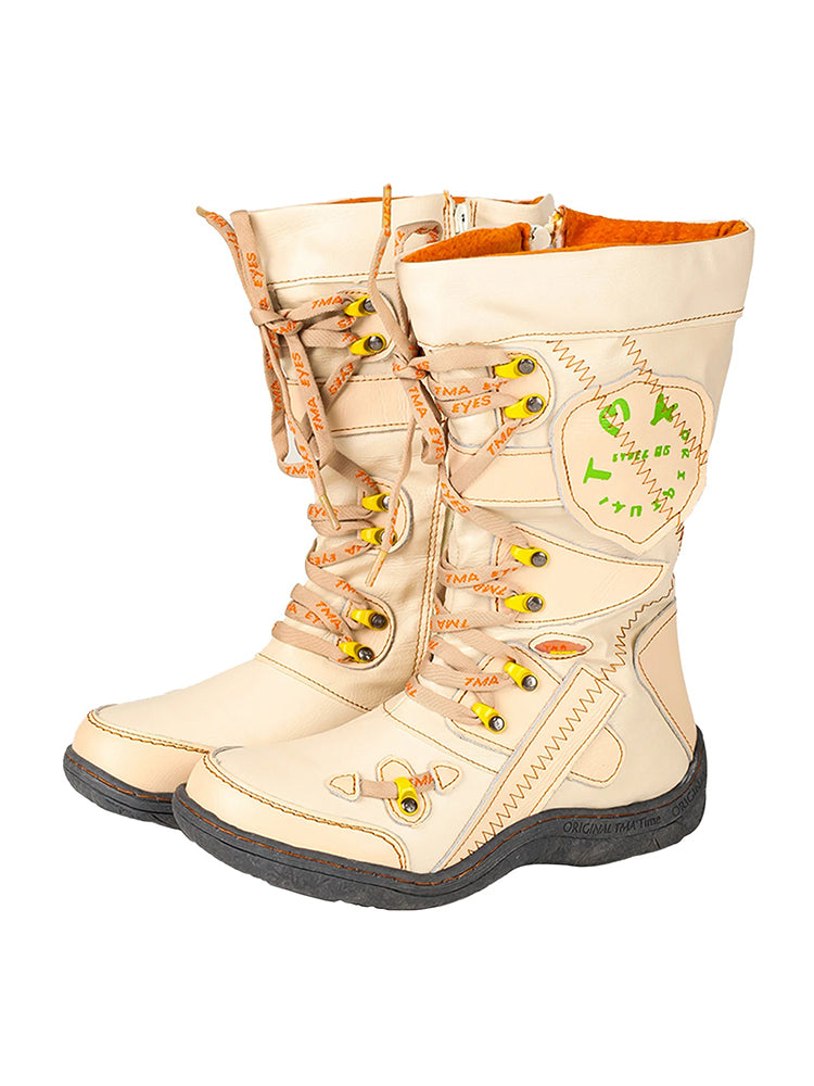 TMA EYES Patchwork Mid-Calf Boots  Stitch-Detail PU Leather Women's Shoe