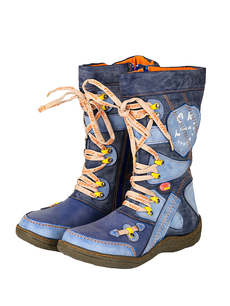 TMA EYES Patchwork Mid-Calf Boots  Stitch-Detail PU Leather Women's Shoe