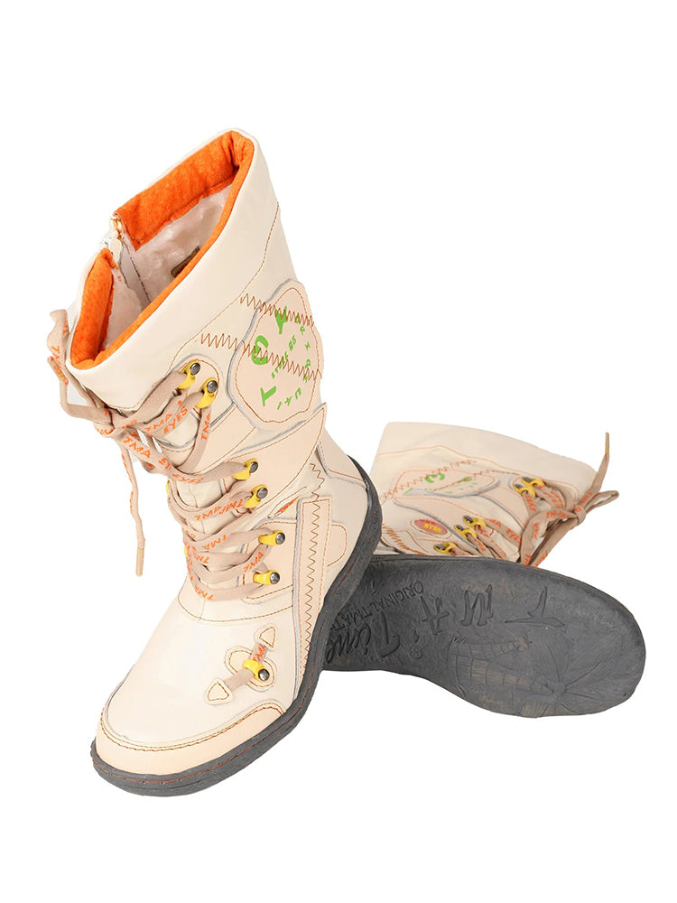 TMA EYES Patchwork Mid-Calf Boots  Stitch-Detail PU Leather Women's Shoe