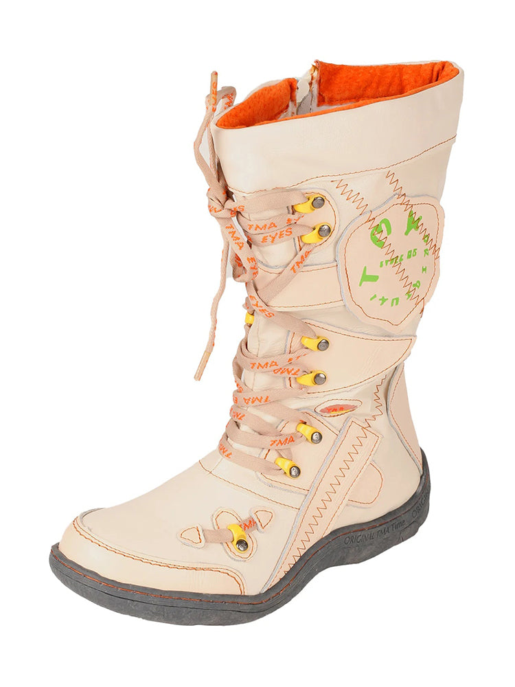 TMA EYES Patchwork Mid-Calf Boots  Stitch-Detail PU Leather Women's Shoe