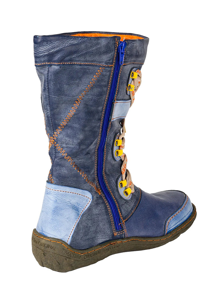 TMA EYES Patchwork Mid-Calf Boots  Stitch-Detail PU Leather Women's Shoe