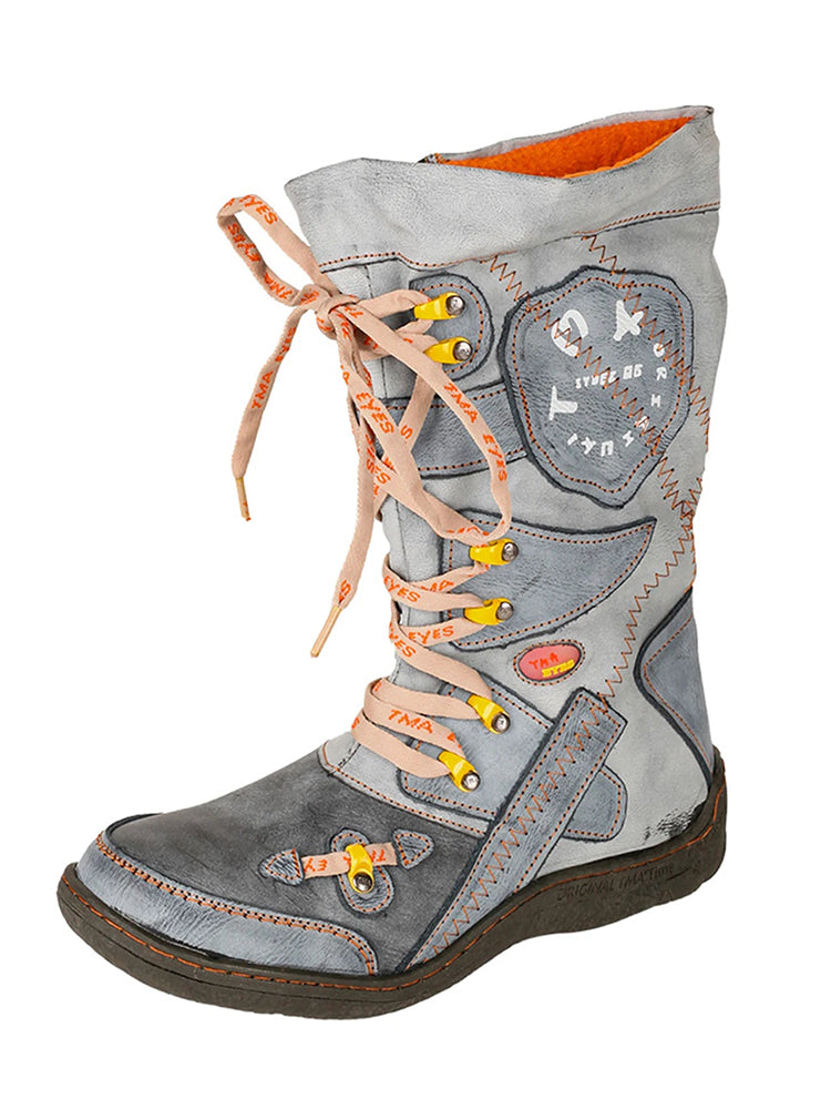 TMA EYES Patchwork Mid-Calf Boots  Stitch-Detail PU Leather Women's Shoe