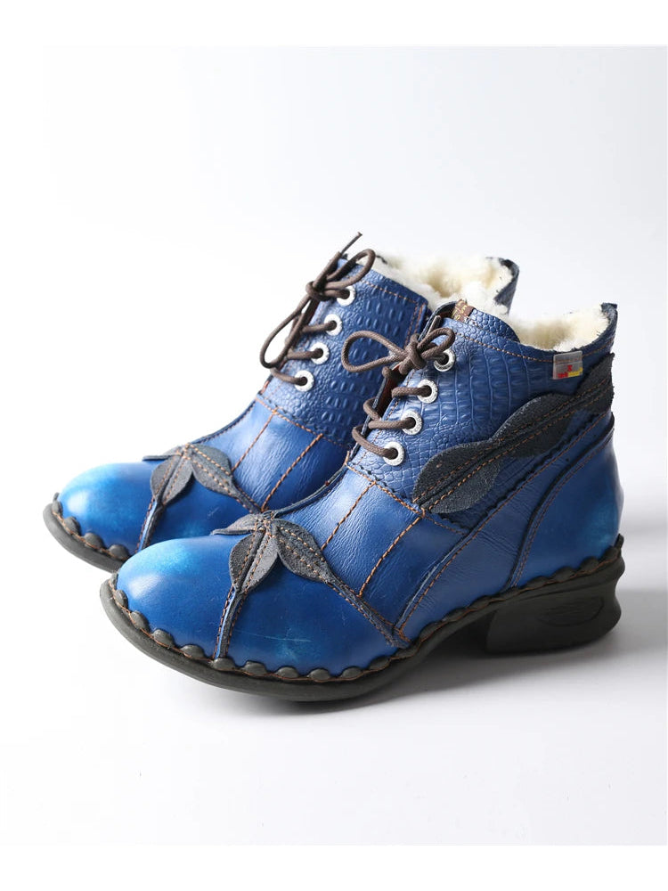 TMA EYES Patchwork Leather Ankle Boots  Washed, Textured, Lace-Up Women's