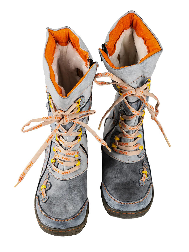 TMA EYES Patchwork Mid-Calf Boots  Stitch-Detail PU Leather Women's Shoe