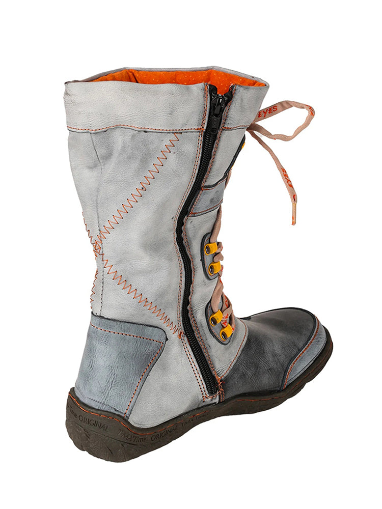 TMA EYES Patchwork Mid-Calf Boots  Stitch-Detail PU Leather Women's Shoe