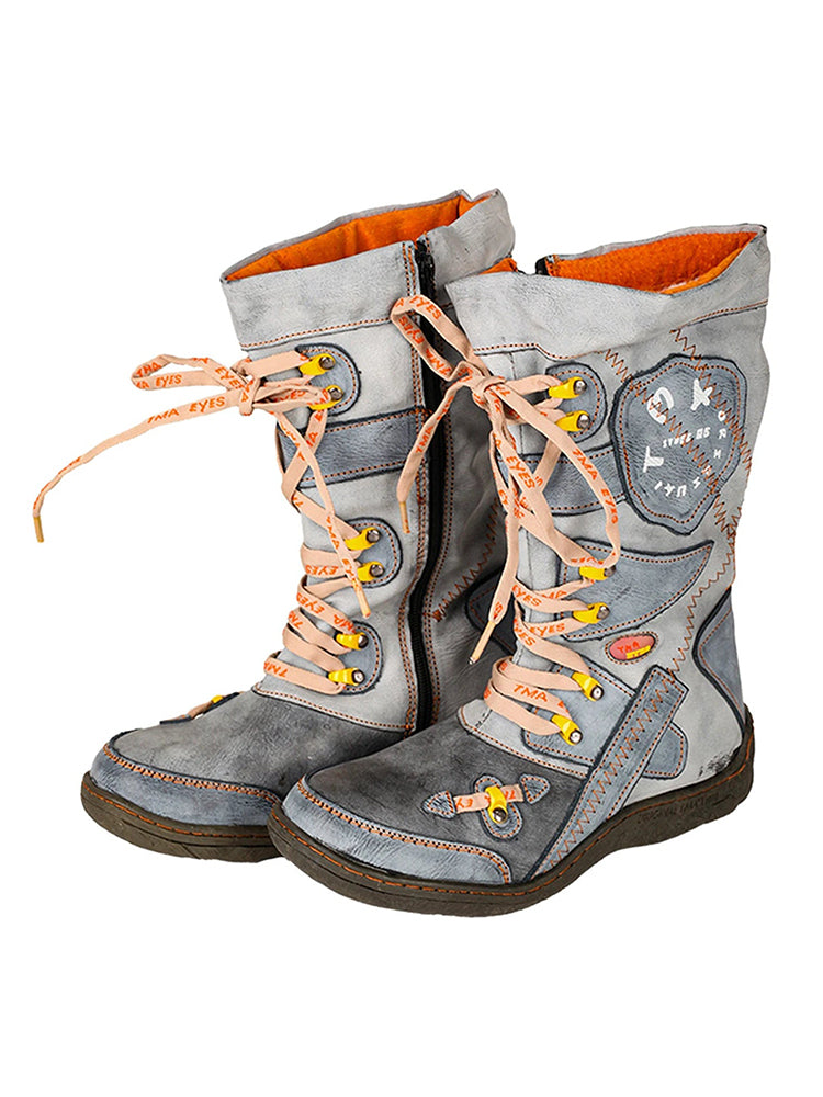 TMA EYES Patchwork Mid-Calf Boots  Stitch-Detail PU Leather Women's Shoe