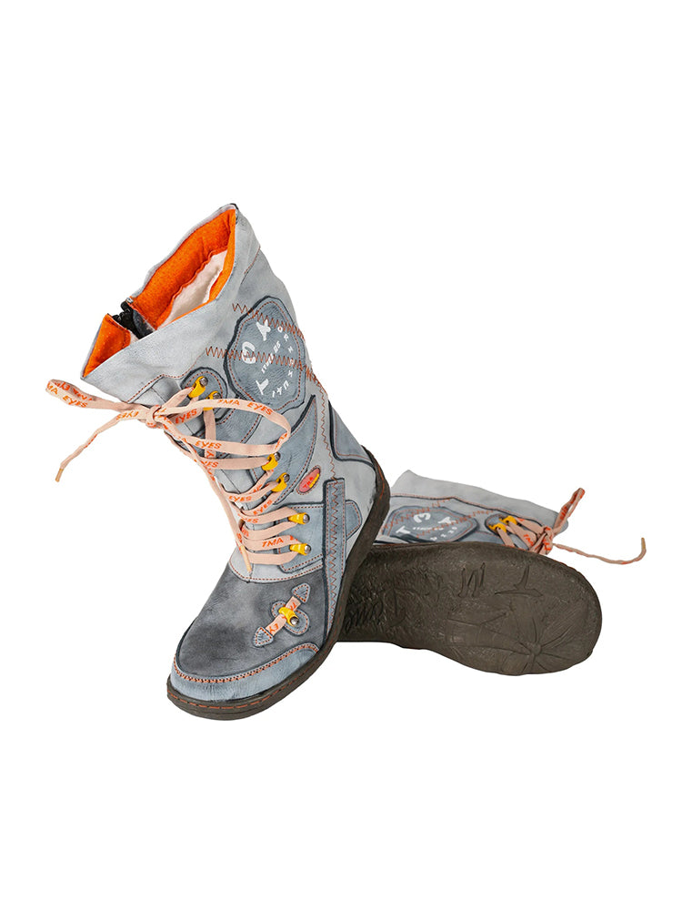 TMA EYES Patchwork Mid-Calf Boots  Stitch-Detail PU Leather Women's Shoe