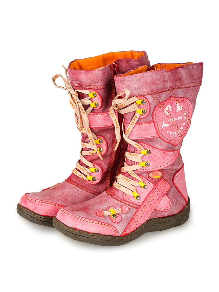 TMA EYES Patchwork Mid-Calf Boots  Stitch-Detail PU Leather Women's Shoe