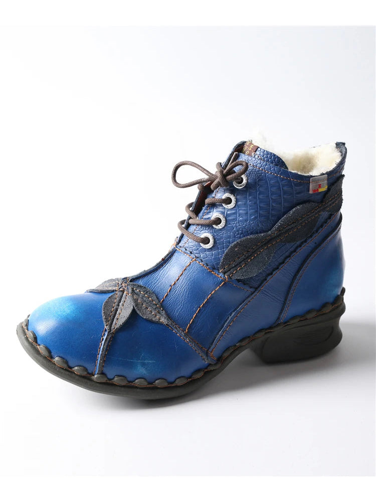 TMA EYES Patchwork Leather Ankle Boots  Washed, Textured, Lace-Up Women's