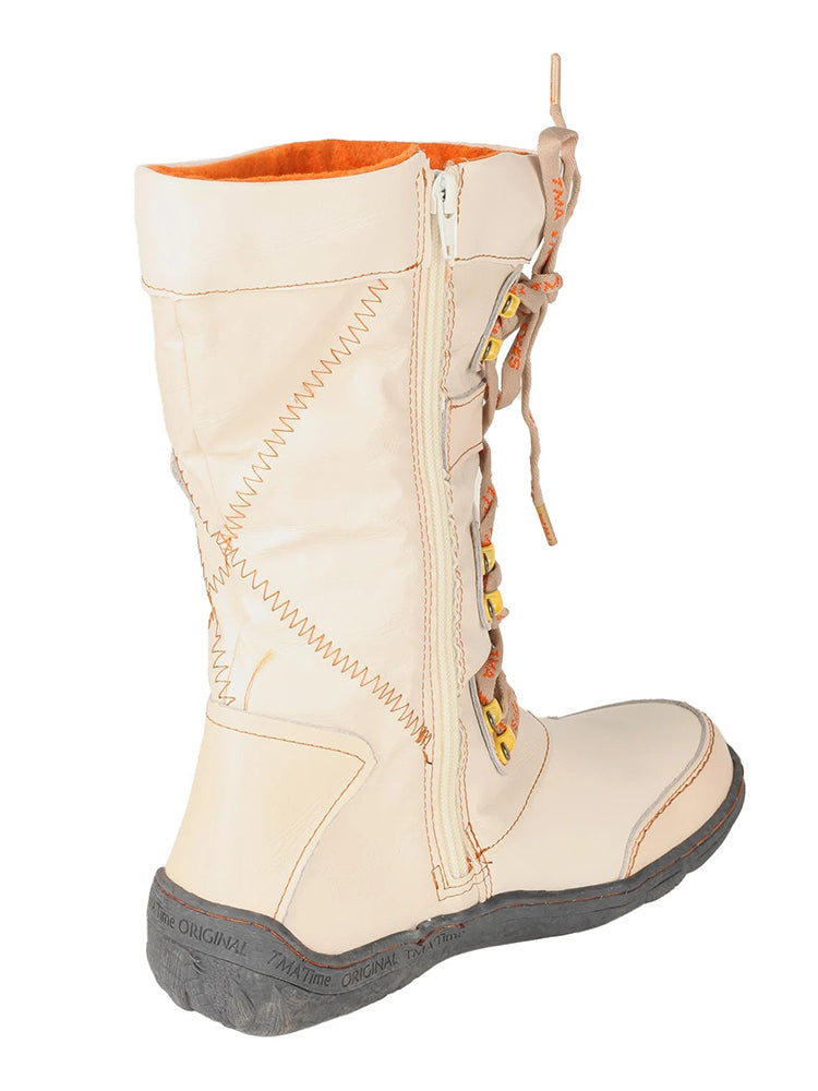 TMA EYES Patchwork Mid-Calf Boots  Stitch-Detail PU Leather Women's Shoe