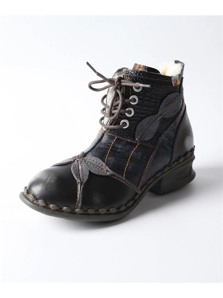 TMA EYES Patchwork Leather Ankle Boots  Washed, Textured, Lace-Up Women's