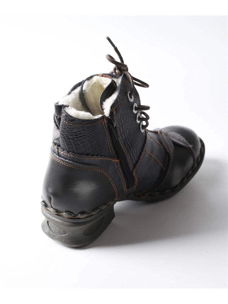 TMA EYES Patchwork Leather Ankle Boots  Washed, Textured, Lace-Up Women's