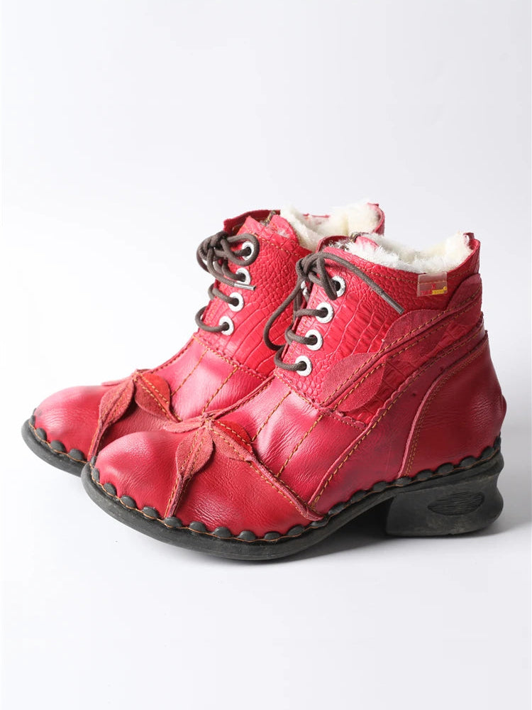 TMA EYES Patchwork Leather Ankle Boots  Washed, Textured, Lace-Up Women's