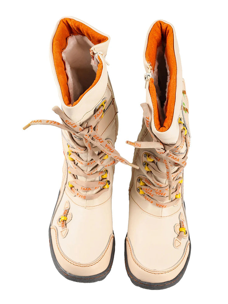 TMA EYES Patchwork Mid-Calf Boots  Stitch-Detail PU Leather Women's Shoe