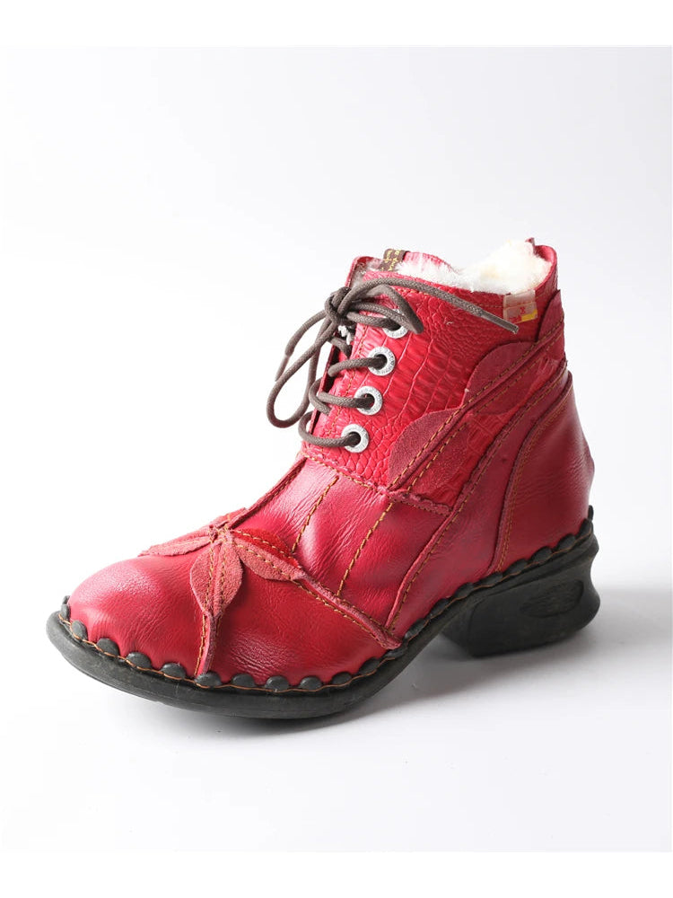 TMA EYES Patchwork Leather Ankle Boots  Washed, Textured, Lace-Up Women's