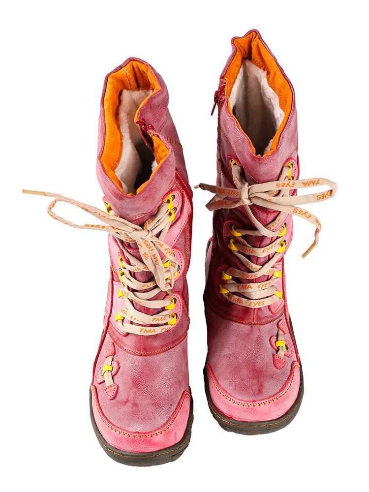 TMA EYES Patchwork Mid-Calf Boots  Stitch-Detail PU Leather Women's Shoe