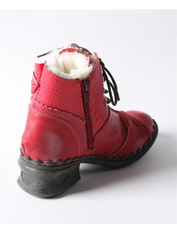 TMA EYES Patchwork Leather Ankle Boots  Washed, Textured, Lace-Up Women's