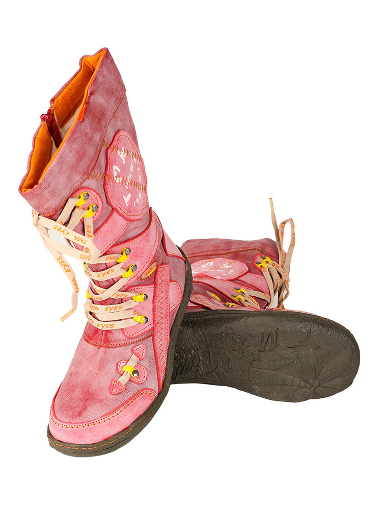 TMA EYES Patchwork Mid-Calf Boots  Stitch-Detail PU Leather Women's Shoe