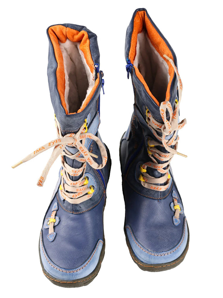 TMA EYES Patchwork Mid-Calf Boots  Stitch-Detail PU Leather Women's Shoe