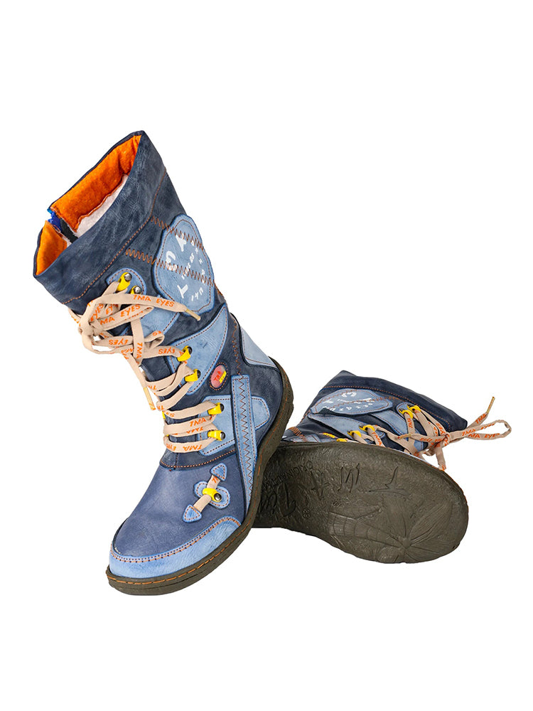 TMA EYES Patchwork Mid-Calf Boots  Stitch-Detail PU Leather Women's Shoe