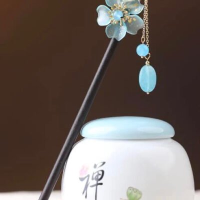 Wood Blue Flower 2 Blue Bead Tassel Hairpin