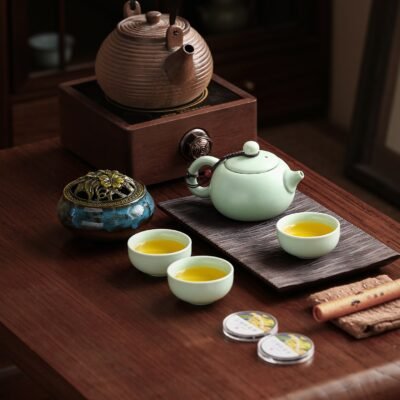 Forbidden City Ding Kiln Incense Burner & Tea Cup Gift Set — Palace Museum Cultural Heritage (Green / Blue)