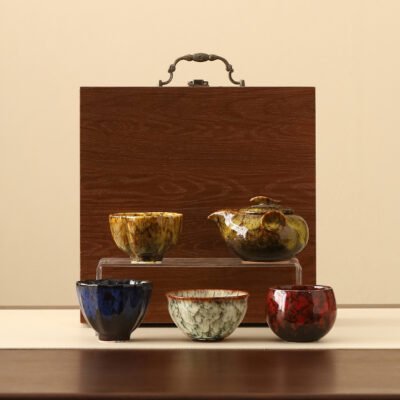 Guochao Forbidden City Cultural Obsidian Flower Glaze Five Element Tea Set — Hand-Held Teapot Gift Box