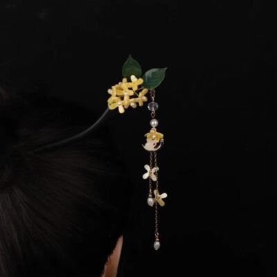 Pearl Jade Rabbit Osmanthus Cheongsam Hanfu Hair Stick - Ancient Chinese Style Wooden Hairpin