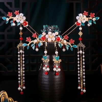Chinese Crystal Pearl Hair Stick Tiara Headpiece - Hanfu Wedding Hair Jewelry Set