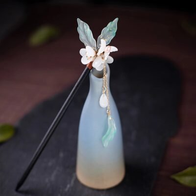 Chinese Pearl Floral Tassel Wooden Hair Stick - Antique Hanfu Hairpin with Step Shake Design