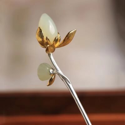 Natural Hetian Jade Lotus Hairpin Tiara - Ladies Hair Jewelry for Hanfu Wedding Gift