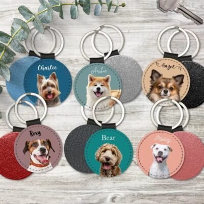 Custom Pet Photo Keychain Personalized Dog Cat Portrait Name Leather Picture Keyring Charm